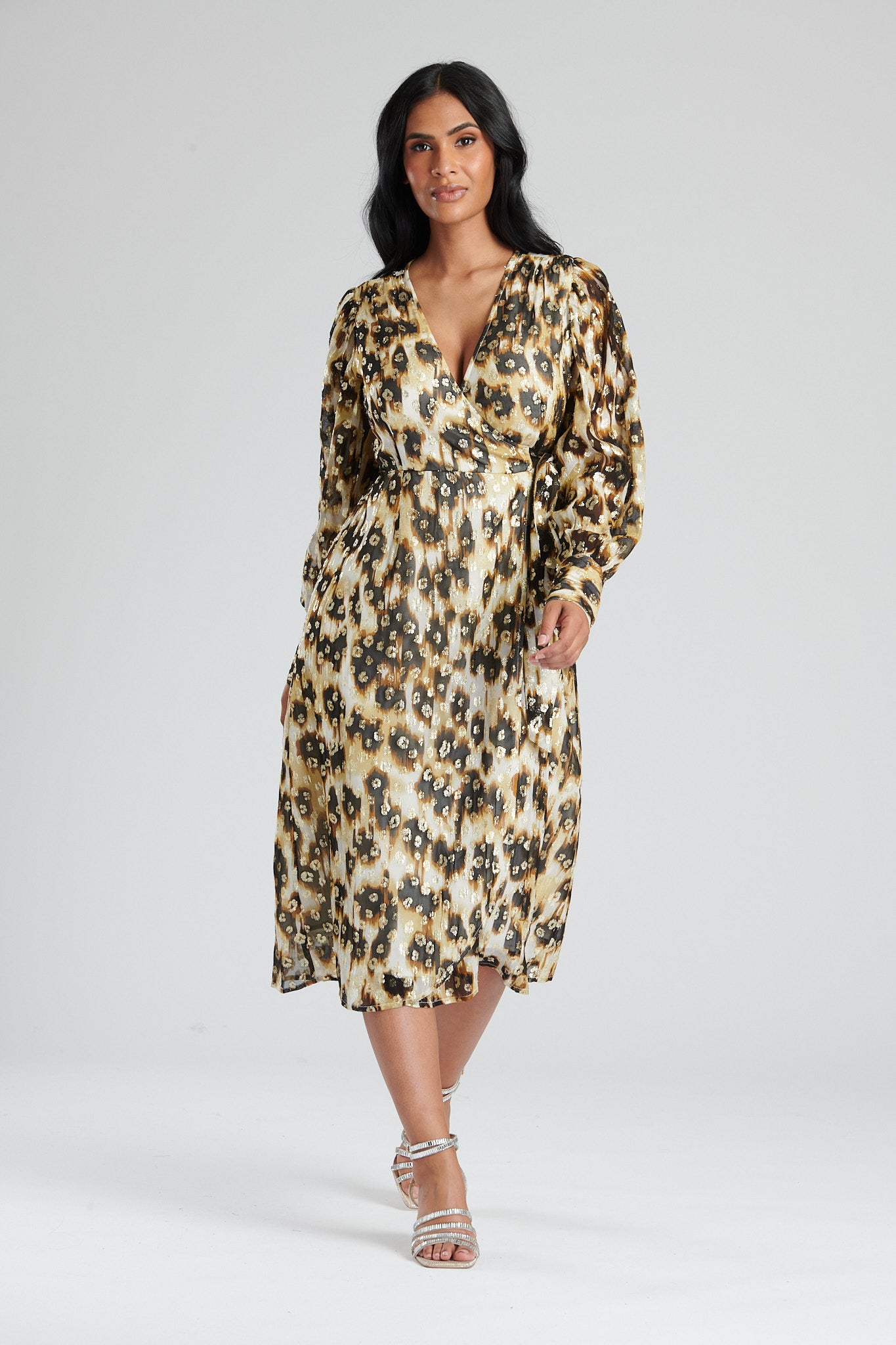 Long sleeve on sale leopard wrap dress