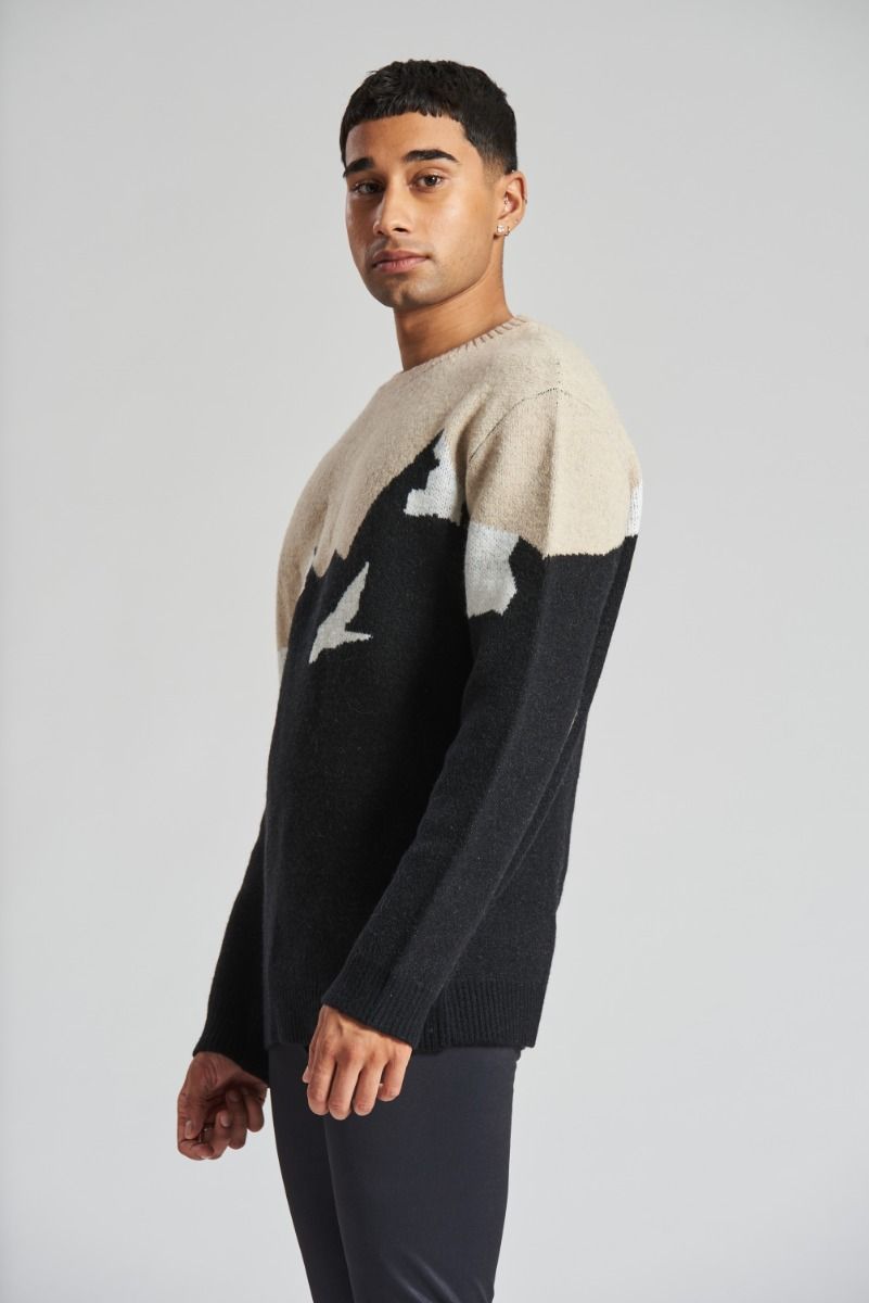 BLACK SKI MOUNTAIN SCENE KNITTED CREW NECK JUMPER